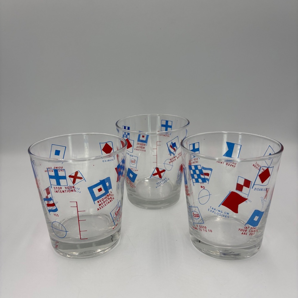 Esso Nautical Signal Flag Rocks Glasses Set of 3 Clear Red‎ Blue Good Vintage